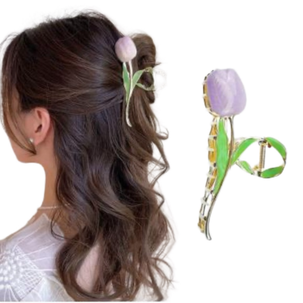 $20 (2 for $30) Metal Hair Claw Clip With Painted Purple Tulip Flower Crab Clip